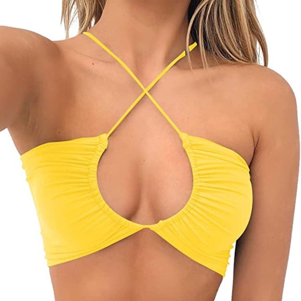 Women's Sexy Criss Cross Lace Up Sling Basic Bow Tie Crop Top